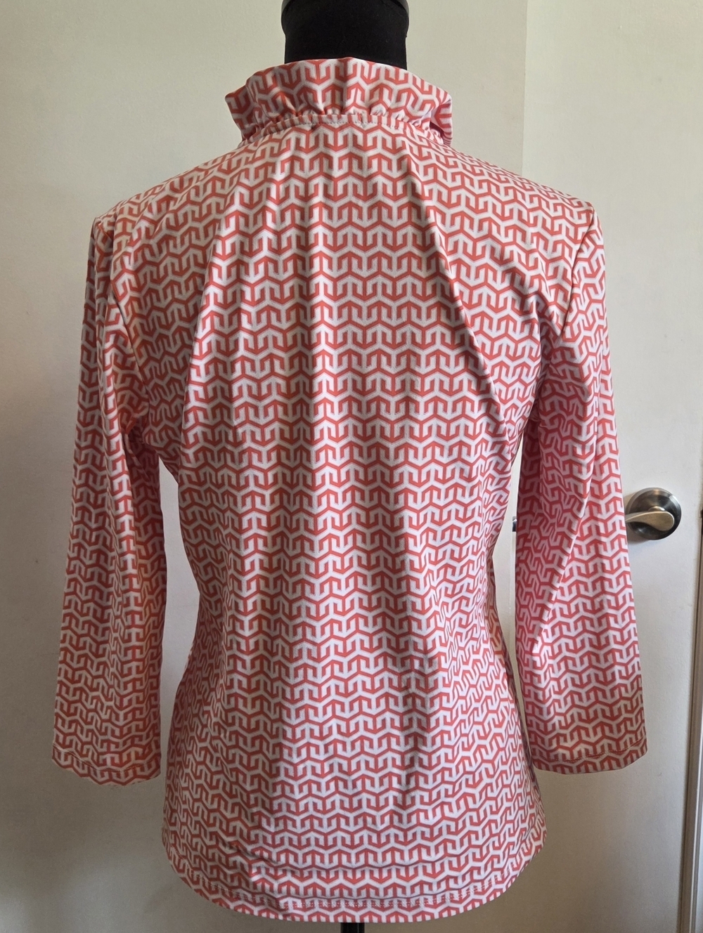 J. McLaughlin Durhan Ruffle Catalina Cloth Coral White 3/4 Sleeve Top Medium - Picture 5 of 6